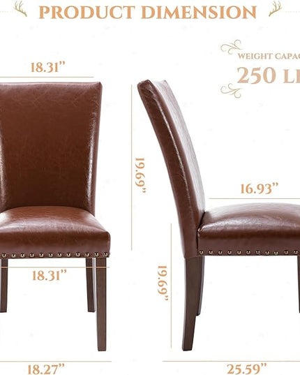 Parsons Dining Chairs Set of 4, Upholstered Nailhead PU Leather Dining Room Kitchen Side Chair with Thick Cushions and Wood Legs, Light Brown - LeafyLoom