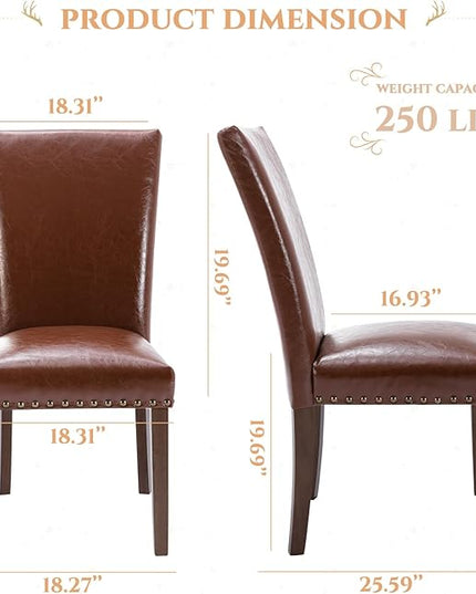 Parsons Dining Chairs Set of 6, Upholstered Nailhead PU Leather Dining Room Kitchen Side Chair with Thick Cushions and Wood Legs, Light Brown - LeafyLoom