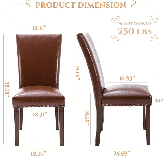 Parsons Dining Chairs Set of 6, Upholstered Nailhead PU Leather Dining Room Kitchen Side Chair with Thick Cushions and Wood Legs, Light Brown - LeafyLoom