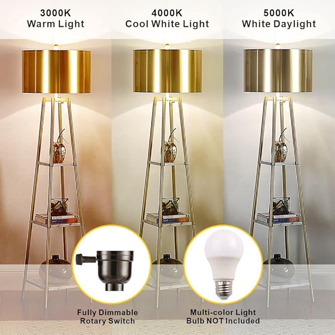 Floor Lamp, Standing Reading Light with Shelves and Gold Shade, Modern Tall Pole Lamp, Accent Furniture Décor Lighting for Living Room, Bedrooms - LeafyLoom