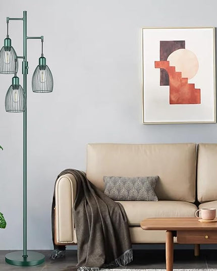 Dimmable Industrial Floor Lamps for Living Room, Green Tree Standing Tall Lamps with 3 Elegant Teardrop Cage Head & 800 Lumens LED Bulbs for Bedroom Office - LeafyLoom