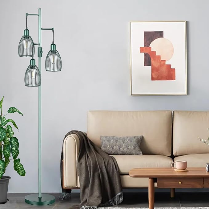 Dimmable Industrial Floor Lamps for Living Room, Green Tree Standing Tall Lamps with 3 Elegant Teardrop Cage Head & 800 Lumens LED Bulbs for Bedroom Office - LeafyLoom