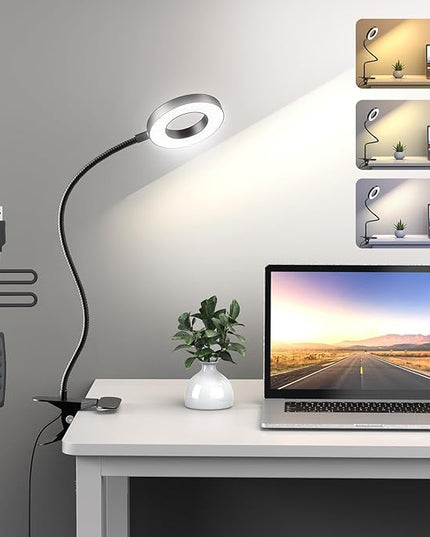 KEXIN Clip on Table Lamp 3 Color Modes 10 Brightness Eye-Caring Clamp Light Dimmable Reading Lamp 360° Rotatable Metal Gooseneck Desk Lamp Clamp Lamp Portable Small Desk Lamp for Home Office Work Lamp - LeafyLoom