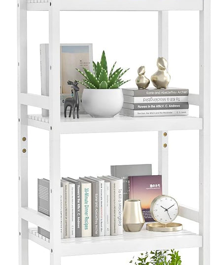 Homykic Bamboo Bookshelf, 5-Tier Narrow 55.9” Adjustable Book Shelf Bookcase Bathroom Shelves Freestanding Storage Stand for Living Room, Bedroom, Kitchen, Rust Resistance, Easy Assembly, White - LeafyLoom