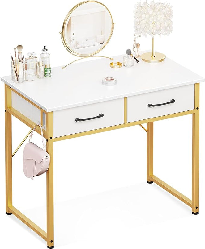 ODK Vanity Desk without Mirror, Makeup Vanity with 2 Fabirc Drawers, White Vanity Dressing Vanity Table with Versatile Hook, 32 Inch Small Vanity for Bedroom, Desk Make Up for Girls, White and Gold - LeafyLoom