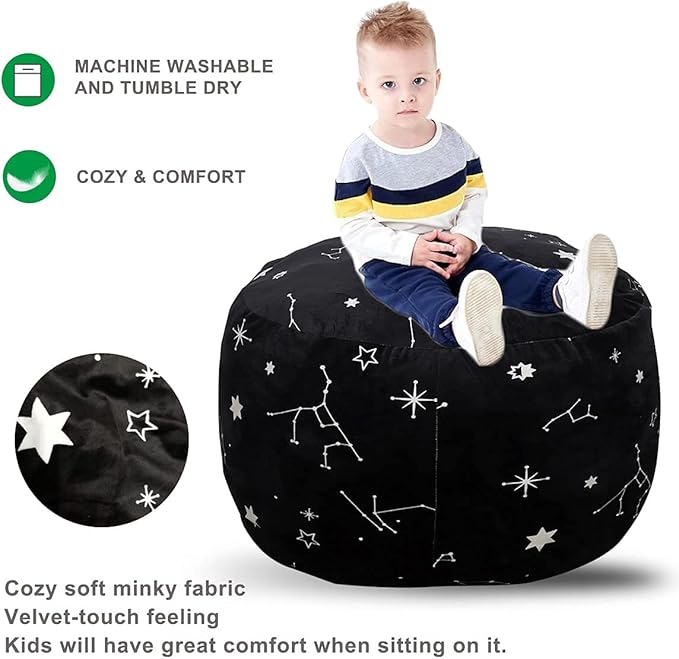 Bean Bag Chair COVER -(NO BEANS) for kids Teens, zipper opening, soft velvet, X-Large (34" Black) - LeafyLoom