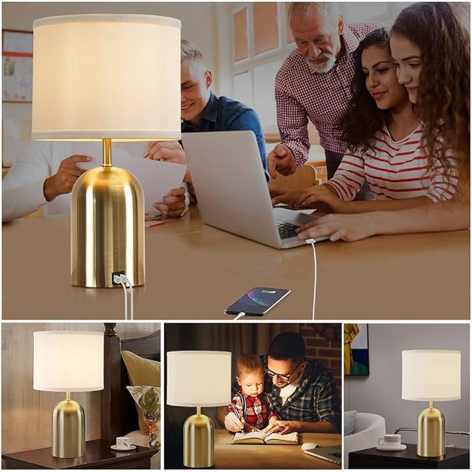 Touch Control Table Lamps Set of 2, Bedside Table Lamps for Bedrooms Set of 2 Modern Living Room 3 Way Dimmable Gold Bedside Lamp for End Table with 2 USB Charging Ports, 2 Bulbs Included - LeafyLoom