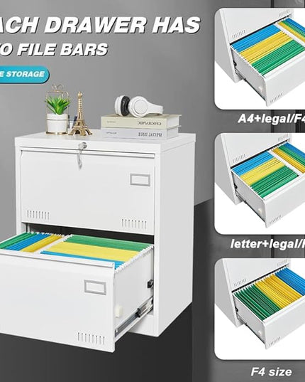 2 Drawer Lateral Lock and Card Holder, Multifunctional Metal Filing Cabinets w/Heavy 3 Section Slide Rail & Breathable Holes,for Legal/Letter/A4,White - LeafyLoom