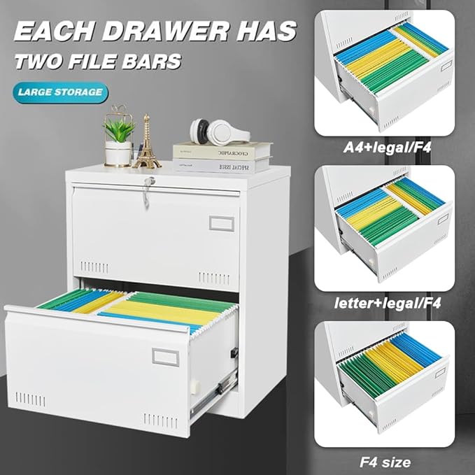 2 Drawer Lateral Lock and Card Holder, Multifunctional Metal Filing Cabinets w/Heavy 3 Section Slide Rail & Breathable Holes,for Legal/Letter/A4,White - LeafyLoom