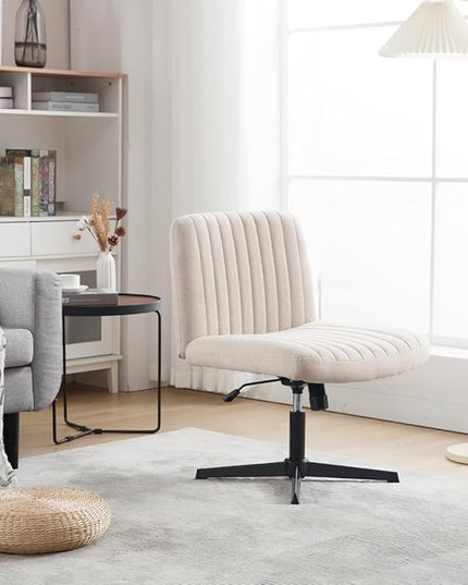 Armless Office Chair Wide Desk Chair Mid Back Accent Chair Padded Swivel Vanity Chair for Girl Women Computer Task Chair for Home Office (Linen, Beige with Cross Base) - LeafyLoom