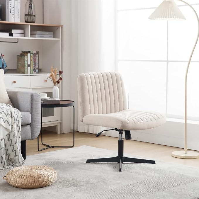 Armless Office Chair Wide Desk Chair Mid Back Accent Chair Padded Swivel Vanity Chair for Girl Women Computer Task Chair for Home Office (Linen, Beige with Cross Base) - LeafyLoom