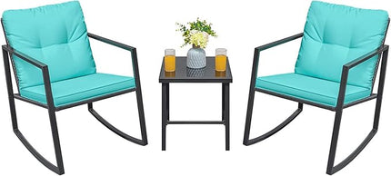 Greesum 3 Pieces Rocking Wicker Bistro Set, Patio Outdoor Furniture Conversation Sets with Porch Chairs and Glass Coffee Table, Blue - LeafyLoom