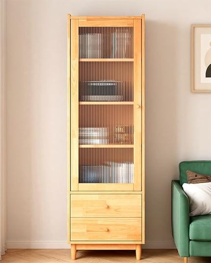 Wooden Glass Door Bookcase - 4-Tier Cube Bookshelf Storage Cabinet with Double Drawer and Adjustable Shelf, Solid Wood Legs Cupboard in Pear Yellow - LeafyLoom