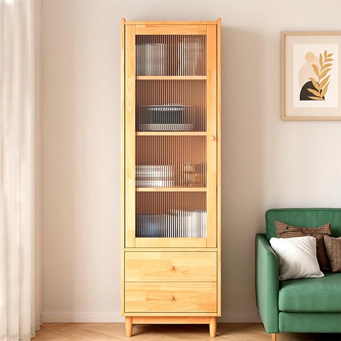 Wooden Glass Door Bookcase - 4-Tier Cube Bookshelf Storage Cabinet with Double Drawer and Adjustable Shelf, Solid Wood Legs Cupboard in Pear Yellow - LeafyLoom
