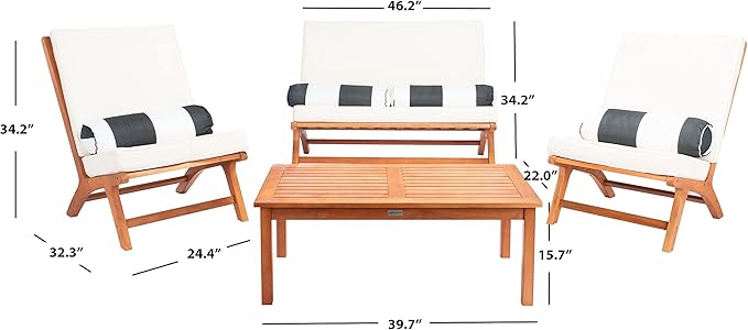 Safavieh PAT7044C Outdoor Collection Chaston Natural and Beige 4-Piece Black & White Pillows Patio Set - LeafyLoom