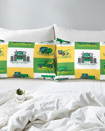 Boys Cartoon Truck Car Down Comforter Twin Size Kids Construction Vehicles Tractor Comforter Set for Kids Children Farm Excavator Bedding Set Construction Site Cars Duvet Set, Green Yellow - LeafyLoom