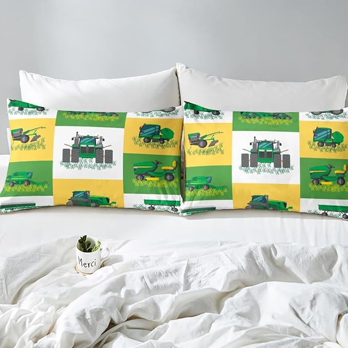 Boys Cartoon Truck Car Down Comforter Twin Size Kids Construction Vehicles Tractor Comforter Set for Kids Children Farm Excavator Bedding Set Construction Site Cars Duvet Set, Green Yellow - LeafyLoom