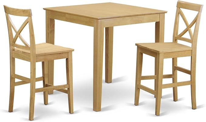 East West Furniture Pub 3 Piece Counter Height Dining Set for Small Spaces Contains a Square Wooden Table and 2 Kitchen Chairs, 36x36 Inch, Oak - LeafyLoom