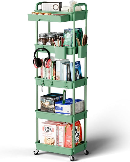 5 Tier Small Rolling Cart Organizer,Bathroom Cart Organizers with Wheels Laundry Room Organization Mobile Shelving Unit Utility Cart Storage Shelves Multi-Functional for Office, Home(Green) - LeafyLoom