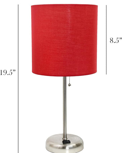 Simple Designs LT1144-RED Sleek and Slender Brushed Steel Table Lamp with Charging Outlet, for Bedroom, Living Room, Entryway, Office, Dining Room, Study, Red Shade - LeafyLoom