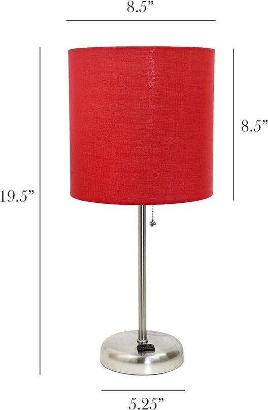 Simple Designs LT1144-RED Sleek and Slender Brushed Steel Table Lamp with Charging Outlet, for Bedroom, Living Room, Entryway, Office, Dining Room, Study, Red Shade - LeafyLoom