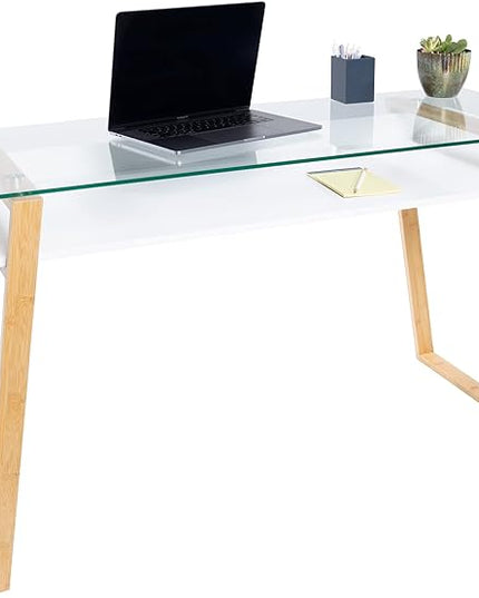 bonVIVO Massimo Small Desk - 55 Inch, Modern Computer Desk for Small Spaces, Living Room, Office and Bedroom - Study Table w/Glass Top and Shelf Space - White - LeafyLoom