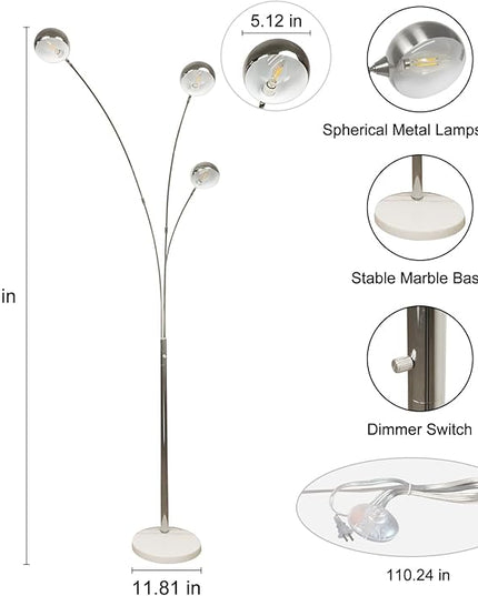 Depuley 3-Light Modern LED Floor Lamp, Adjustable Metal Tall Standing Lamps with Marble Base, Dimmable Arc Floor Lamp with Flexible Rotating Lights for Living Room, Bedroom(Silver, E12 Bulbs Included) - LeafyLoom