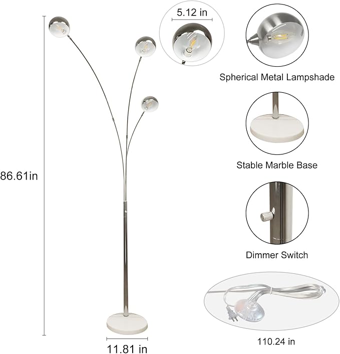Depuley 3-Light Modern LED Floor Lamp, Adjustable Metal Tall Standing Lamps with Marble Base, Dimmable Arc Floor Lamp with Flexible Rotating Lights for Living Room, Bedroom(Silver, E12 Bulbs Included) - LeafyLoom
