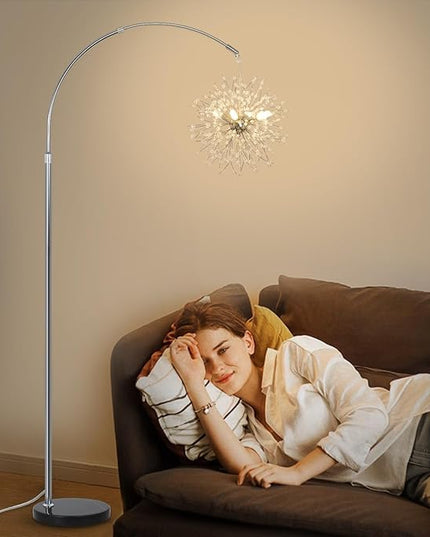 Crystal Arc Floor Lamps for Living Room, Modern Floor Lamp with Marble Base, Adjustable Height Standing Lamp, Mid Century Tall Lamp for Girls Room, Over Couch Arched Reading Light for Bedroom, Office - LeafyLoom