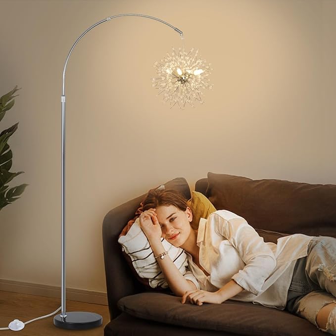 Crystal Arc Floor Lamps for Living Room, Modern Floor Lamp with Marble Base, Adjustable Height Standing Lamp, Mid Century Tall Lamp for Girls Room, Over Couch Arched Reading Light for Bedroom, Office - LeafyLoom