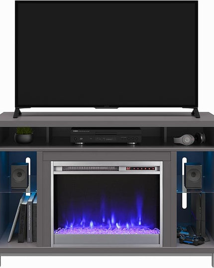 Ameriwood Home Lumina Fireplace TV Stand for TVs up to 48 Inch, Replaceable Electric Fireplace Insert Heater, Remote Control, Timer, Color Changing LED Lights, Crystal Ember Flames, Graphite Gray - LeafyLoom