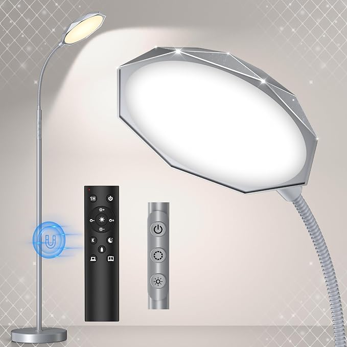 LED Floor Lamp, 18W Bright Floor Lamps for Living Room, Stepless Adjustable Colors & Brightness Standing Lamp with Timer, Remote & Touch Control, Eye Caring Reading Lights for Bedroom,Office - LeafyLoom