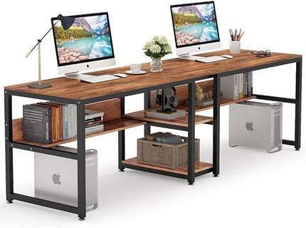 Tribesigns Two Person Desk with Bookshelf, 78.7 Computer Office Double Desk for Two Person, Rustic Writing Desk Workstation with Shelf for Home Office (Brown) - LeafyLoom