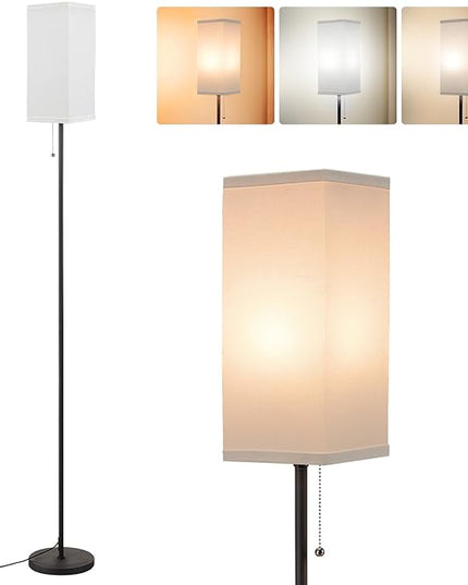 Floor Lamps for Living Room Modern - 3 Color Temperature Black Standing Lamps with Pull Chain Switch, Tall Lamp for Office Home Nursery and Hotel, Pole Lamp with White Lampshade for Reading - LeafyLoom