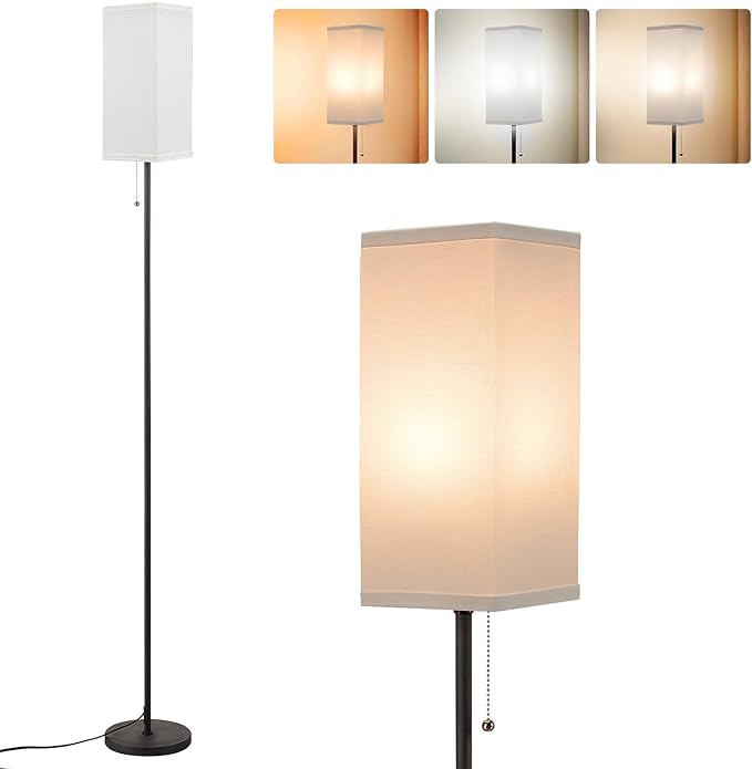 Floor Lamps for Living Room Modern - 3 Color Temperature Black Standing Lamps with Pull Chain Switch, Tall Lamp for Office Home Nursery and Hotel, Pole Lamp with White Lampshade for Reading - LeafyLoom