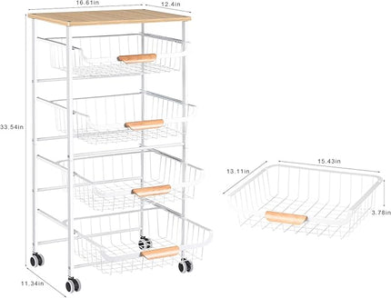 Kitchen Storage Rolling Cart on Wheels, 5 Tier Metal Rolling Utility Cart Mesh Basket Pantry Cart Rack with Wooden Tabletop for Fruit Vegetable Onion Potato Storage, White - LeafyLoom