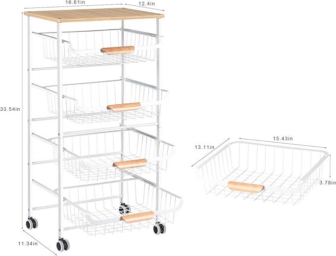 Kitchen Storage Rolling Cart on Wheels, 5 Tier Metal Rolling Utility Cart Mesh Basket Pantry Cart Rack with Wooden Tabletop for Fruit Vegetable Onion Potato Storage, White - LeafyLoom