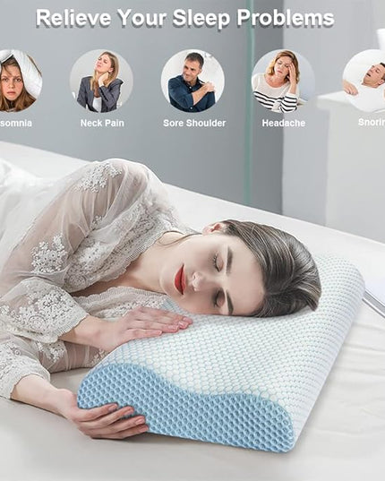 Anvo Memory Foam Pillow, Neck Contour Cervical Orthopedic Pillow for Sleeping Side Back Stomach Sleeper, Ergonomic Bed Pillow for Neck Pain - Blue White, Soft - LeafyLoom