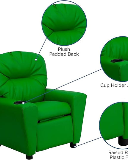 Flash Furniture Chandler Vinyl Kids Recliner with Cup Holder and Safety Recline, Contemporary Reclining Chair for Kids, Supports up to 90 lbs., Green - LeafyLoom
