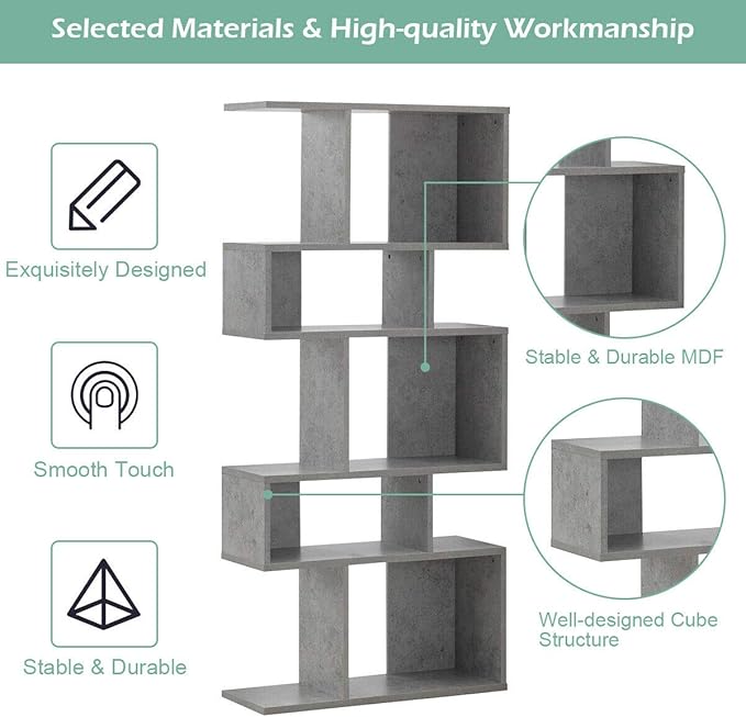 Giantex 5-Tier Geometric Bookshelf, 70" Tall Wood Freestanding Decorative Display Open Shelves with Anti-Tipping Device, Each Shelf Holds up to 44 lbs, Wooden S Shaped Bookcase, Gray - LeafyLoom
