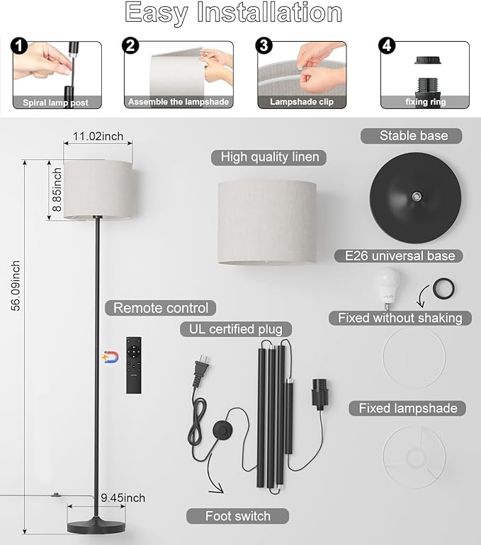 LED Floor Lamp for Living Room,Dimmable Standing Lamps with Lampshade and LED Bulb,Custom Color Temperature Tall Lamp for Bedroom with Foot Switch and Remote,Black Pole Lamp for Kid Room - LeafyLoom