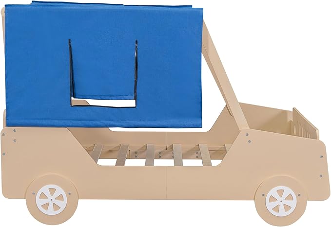 Full Size Kids Car Bed with Tent Canopy & Wheels,Wood Bedframe W/Safty Grille,Raised Base Design,Easy to Assemble,Toddler Boys Car-Shaped Bedroom Beds for Reading Playing Relaxing,Natural - LeafyLoom