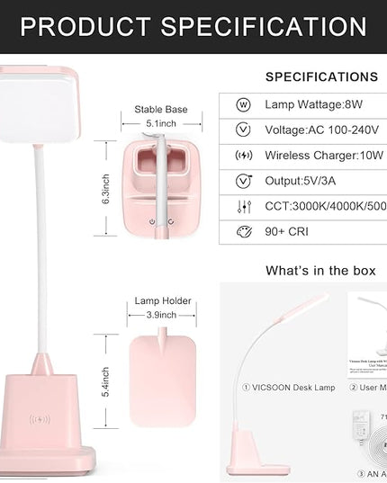 Desk Lamps for Home Office, LED Desk Lamp with Wireless Charger Pencil Holder, 3 Color Modes Dimming Desk Light for College Dorm Room, Girls Study Lamp with CRI 90+ 800 Lumen - Pink - LeafyLoom