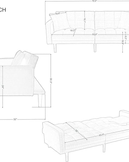 Modern Folding Sofa Bed Living Room Furniture Sets Futon Couch Convertible Tufted Loveseat with Adjustable Backrest for Lounge, 2-seats Sturdy Wood Legs Fabric Home Recliner - Dark Grey Sofá - LeafyLoom