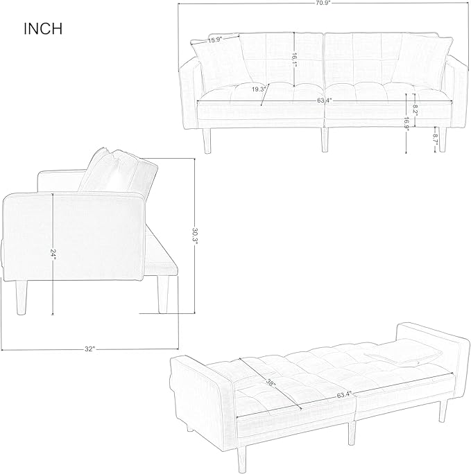 Modern Folding Sofa Bed Living Room Furniture Sets Futon Couch Convertible Tufted Loveseat with Adjustable Backrest for Lounge, 2-seats Sturdy Wood Legs Fabric Home Recliner - Dark Grey Sofá - LeafyLoom