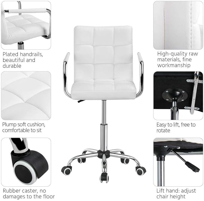 Yaheetech White Desk Chairs with Wheels/Armrests Modern PU Leather Office Chair Midback Adjustable Home Computer Executive Chair 360° Swivel - LeafyLoom