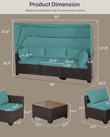 6 PCS Outdoor Patio Furniture Set,Sectional Sofa Set,Rattan Daybed with Retractable Canopy,Adjustable Backrest,Storage Coffee Table,Chaise Chair Sunbed for Garden Poolside Backyard(Walnut Green) - LeafyLoom
