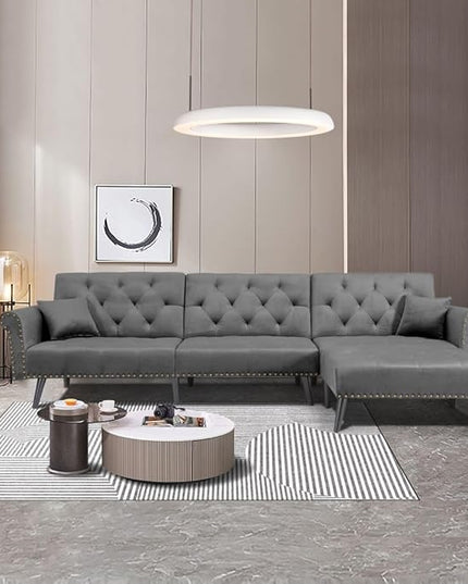 114" Convertible Sectional Sleeper Sofa with Chaise, Adjustable Armrest and Backrest,Upholstered L-Shaped Modular Sofá Bed Corner Couches for Living Room Set, 3 seat, A-DARK GREY - LeafyLoom