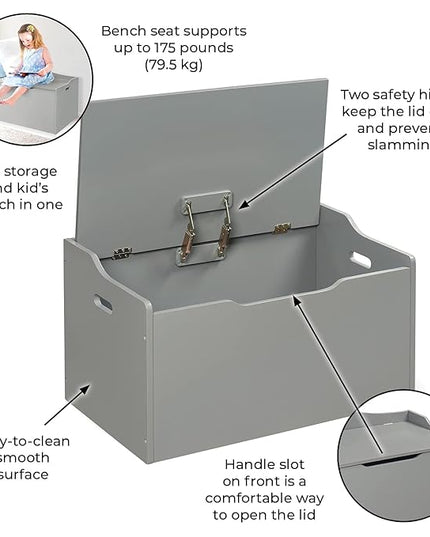 Badger Basket Kid's Wooden Toy Box and Storage Bench Seat with Safety Hinge - Gray - LeafyLoom