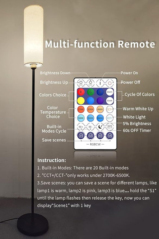 Smart Floor Lamp Works with Alexa & Google Home, Color Changing Stepless Dimmable for Living Room, Modern Standing WiFi Lamps with Remote, Minimalist Pole Lamp Tall Lights for Bedroom, Office-Black - LeafyLoom